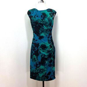 Connected Floral Knit Dress Size 8 Teal Black Green Sleeveless Bodycon Sheath